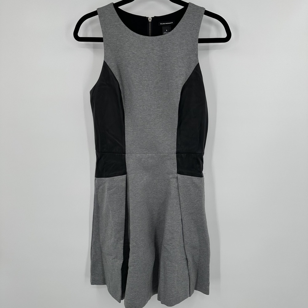 Club Monaco Dress‎ Womens 8 Gray Black Sleeveless Fit Flare Faux Leather Panels